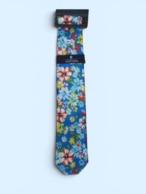 Stafford Blue Floral Tie with Multicolor Blossoms 100% Silk One Size